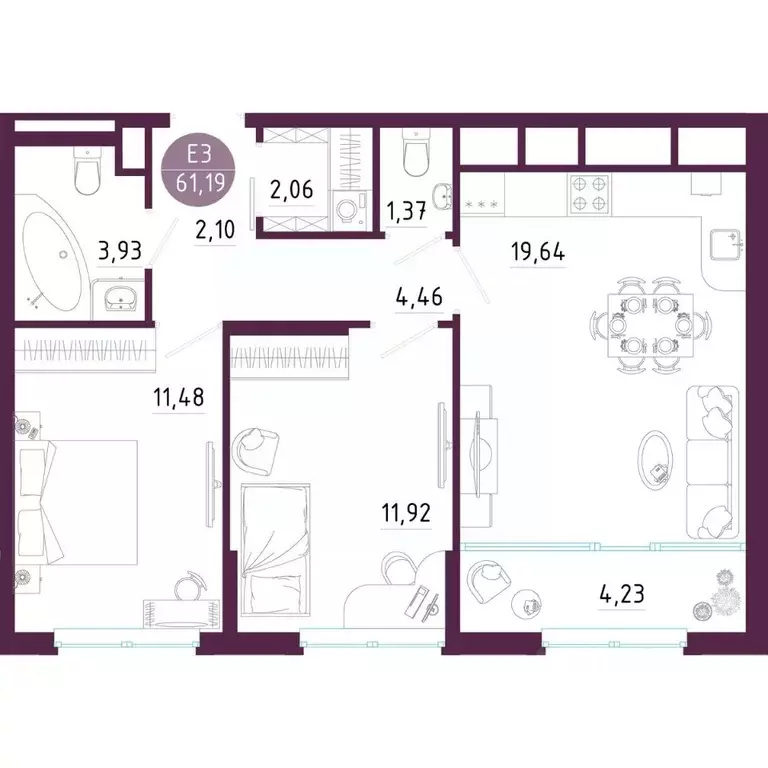 2-к кв. Тульская область, Тула ул. Купцов Гречихиных (61.19 м) - Фото 0