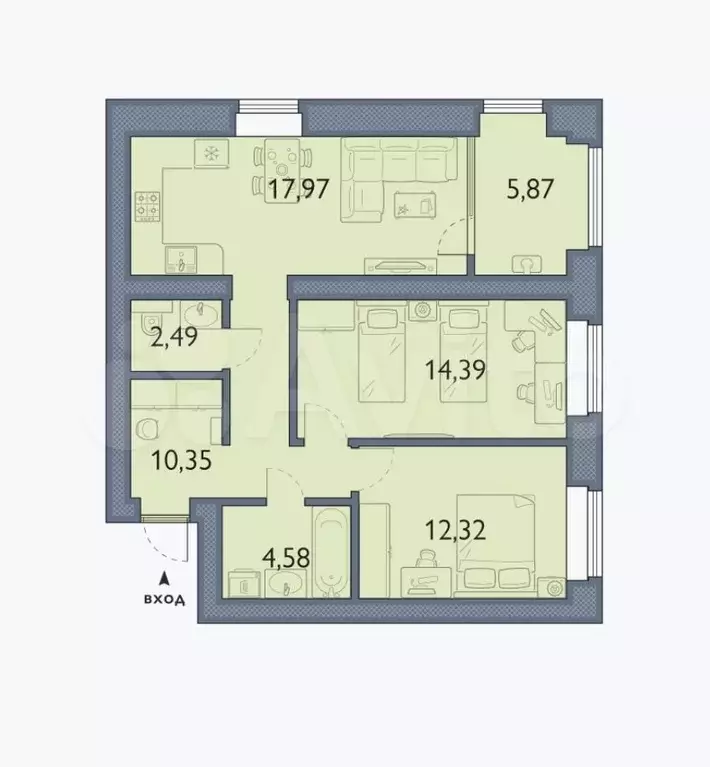 2-к. квартира, 68 м, 5/8 эт. - Фото 0