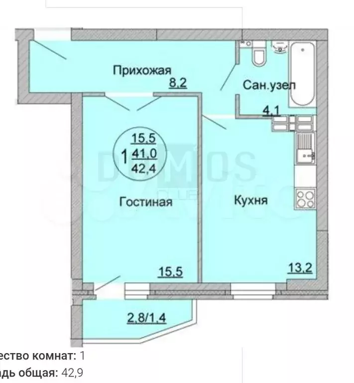 1-к. квартира, 41,4 м, 9/12 эт. - Фото 0