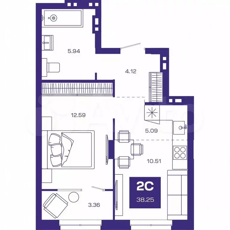 2-к. квартира, 39,5 м, 3/8 эт. - Фото 0