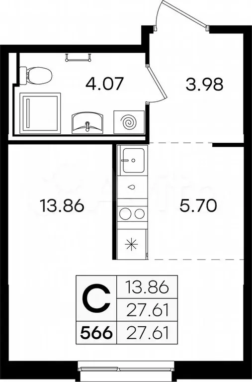 Квартира-студия, 27,6 м, 7/9 эт. - Фото 0