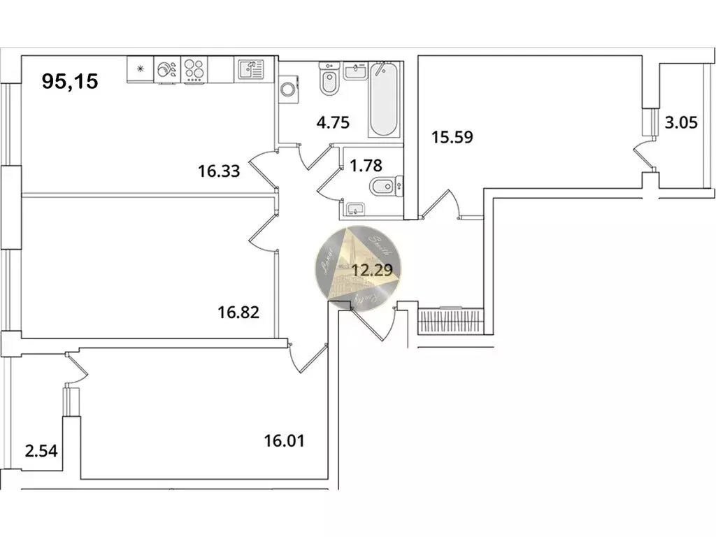 3-комнатная квартира: Санкт-Петербург, Кубинская улица, 82к3с1 (95.15 ... - Фото 1