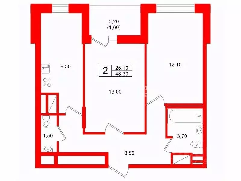 2-к кв. Санкт-Петербург бул. Александра Грина, 3 (48.3 м) - Фото 1