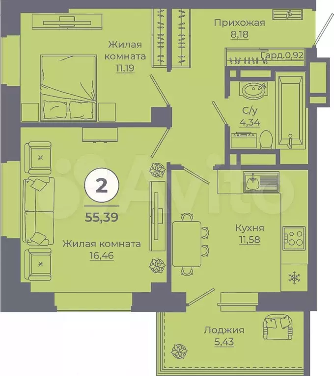 2-к. квартира, 55,1 м, 16/24 эт. - Фото 1