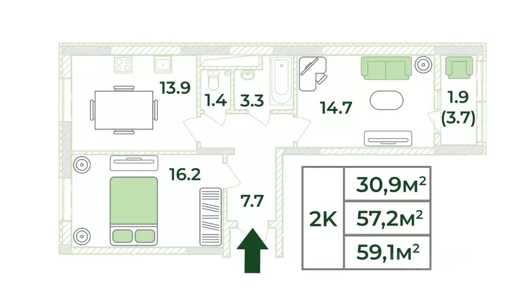 2-к кв. Крым, Симферопольский район, с. Мирное, Жигулина Роща мкр  ... - Фото 1