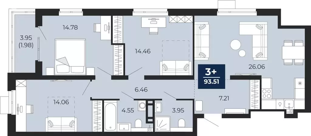 3-комнатная квартира: Тюмень, Арктическая улица, 16 (95.48 м) - Фото 1