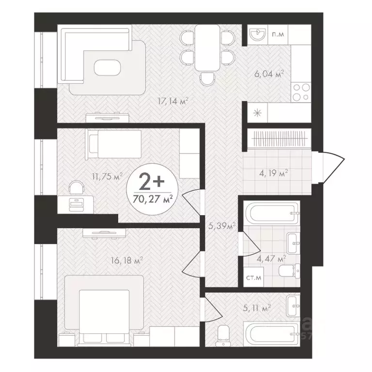 2-к кв. Башкортостан, Уфа Южный-2 мкр,  (70.27 м) - Фото 1