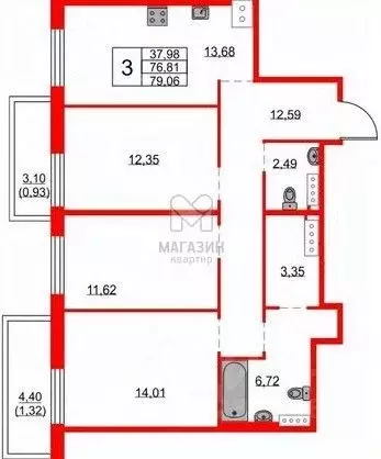 3-к кв. Санкт-Петербург наб. Реки Каменки, 13к3 (79.0 м) - Фото 1