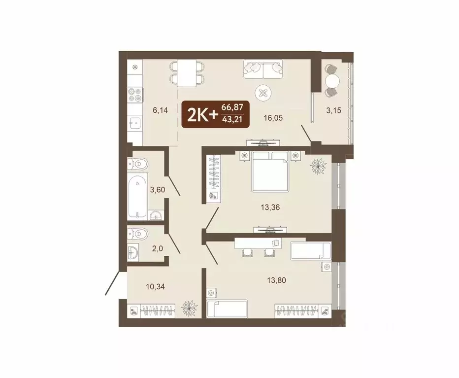 2-к кв. Кемеровская область, Кемерово 58В мкр, 1 (66.87 м) - Фото 0