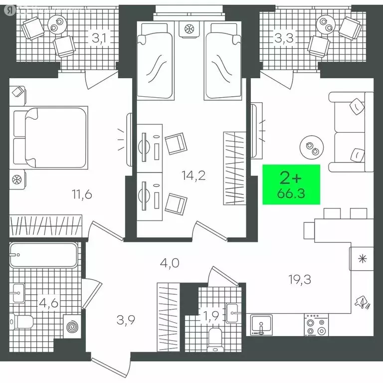 2-комнатная квартира: Тюмень, улица Василия Малкова, 19 (66.32 м) - Фото 0