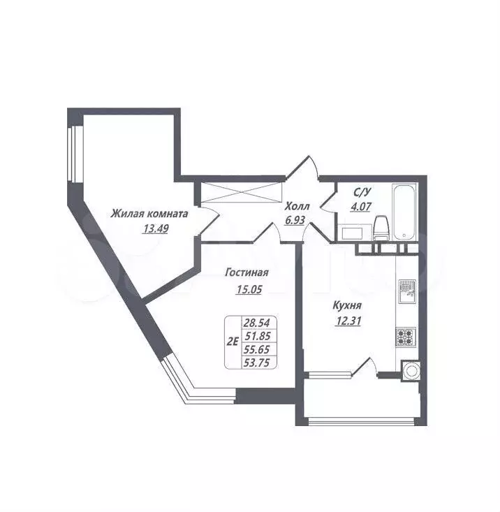 2-к. квартира, 53,8 м, 7/8 эт. - Фото 1