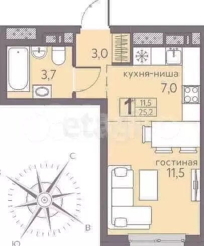Квартира-студия, 25,2 м, 5/22 эт. - Фото 0