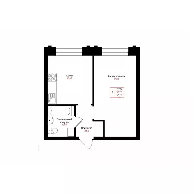 1-к кв. Татарстан, Казань Лето жилой комплекс (35.12 м) - Фото 2