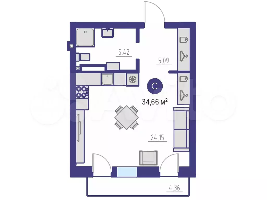 Квартира-студия, 34,7 м, 3/4 эт. - Фото 1
