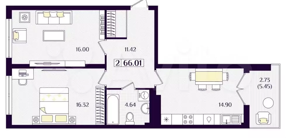 2-к. квартира, 66 м, 5/7 эт. - Фото 1