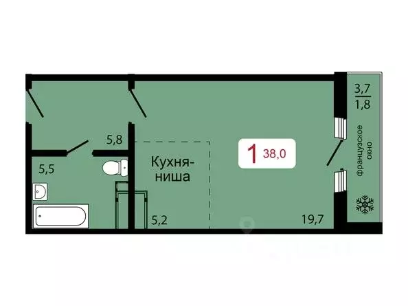 Студия Красноярский край, Красноярск ул. Калинина (38.0 м) - Фото 2