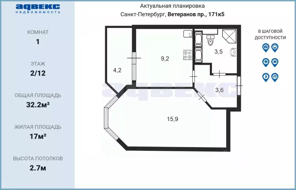 1-к кв. Санкт-Петербург просп. Ветеранов, 171к5 (32.2 м) - Фото 2