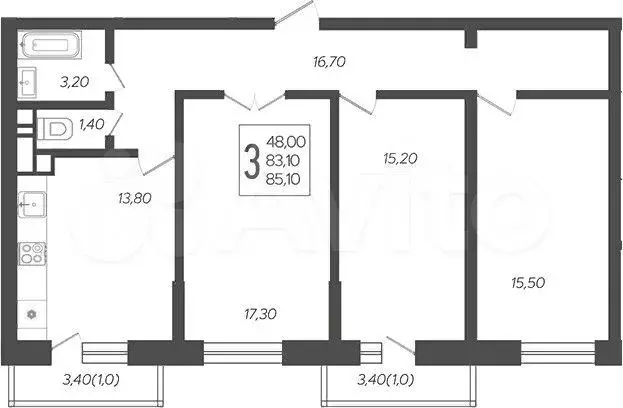 3-к. квартира, 85,1м, 1/12эт. - Фото 1