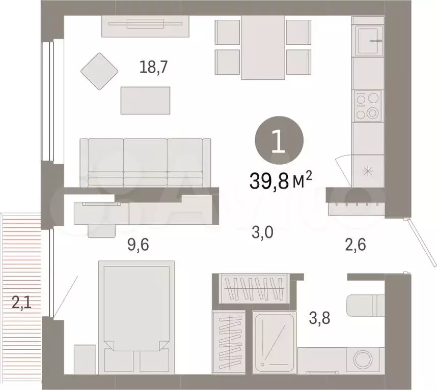 1-к. квартира, 39,8 м, 6/12 эт. - Фото 1