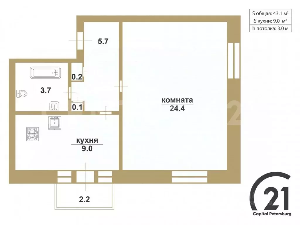1-к кв. Санкт-Петербург Алтайская ул., 21 (43.1 м) - Фото 2