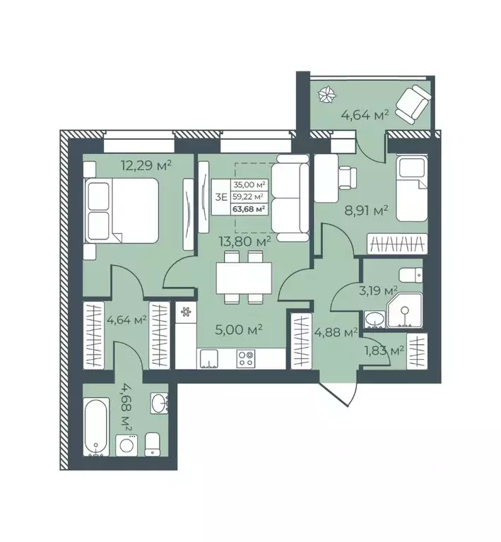 3-к кв. Воронежская область, Бобров  (63.86 м) - Фото 1