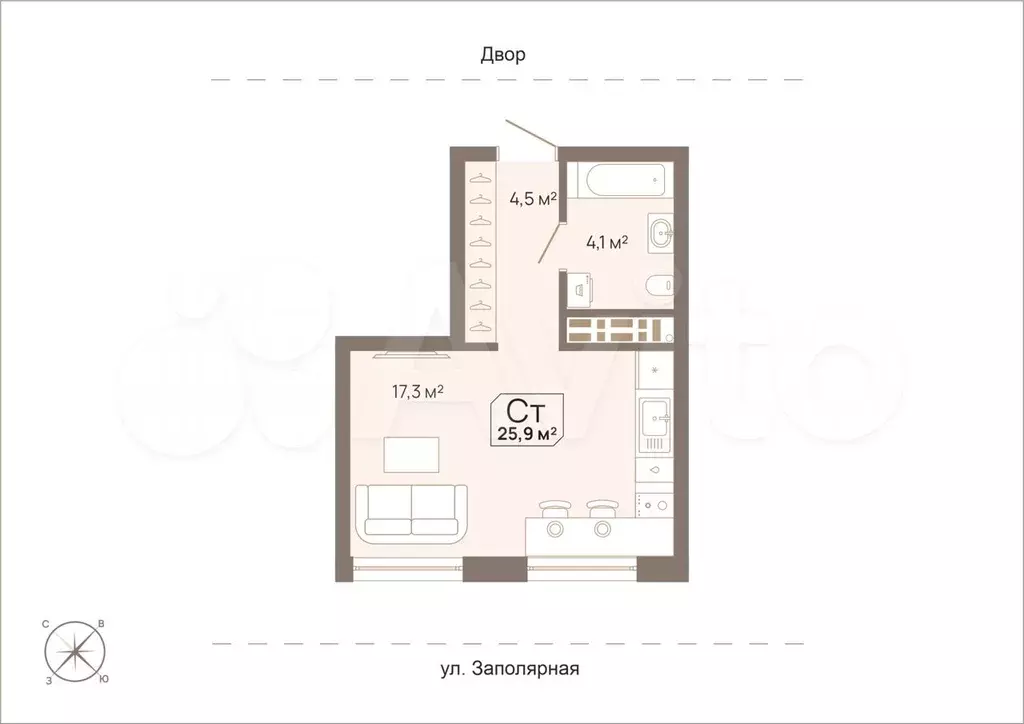 Квартира-студия, 25,9 м, 2/15 эт. - Фото 0