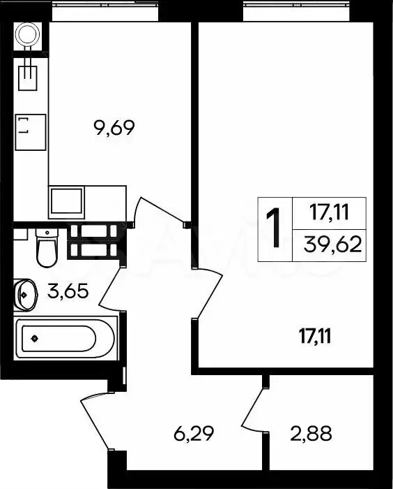 Квартира-студия, 39,6 м, 1/8 эт. - Фото 0