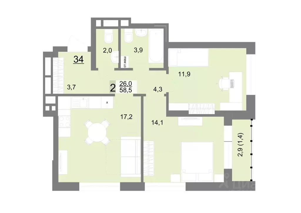 2-к кв. Свердловская область, Екатеринбург ул. Шаумяна, 77 (58.5 м) - Фото 1