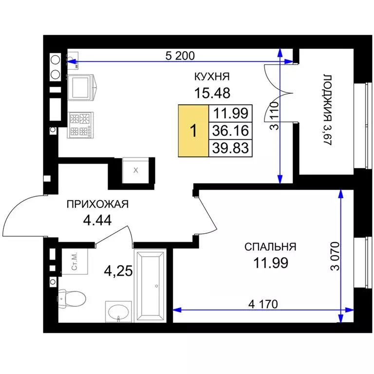 1-комнатная квартира: Гурьевск, жилой комплекс Включи (39.83 м) - Фото 0