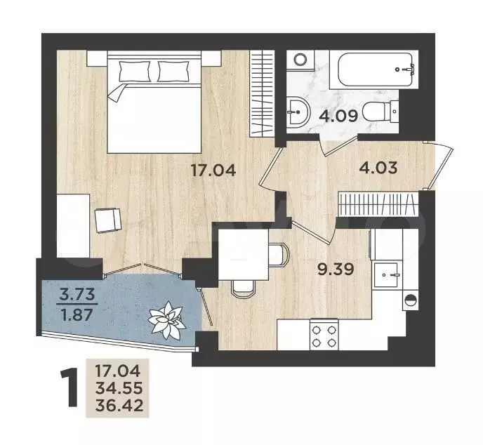 1-к. квартира, 36,4 м, 1/9 эт. - Фото 1
