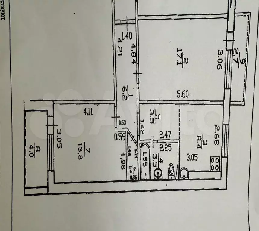 2-к. квартира, 55 м, 6/9 эт. - Фото 0