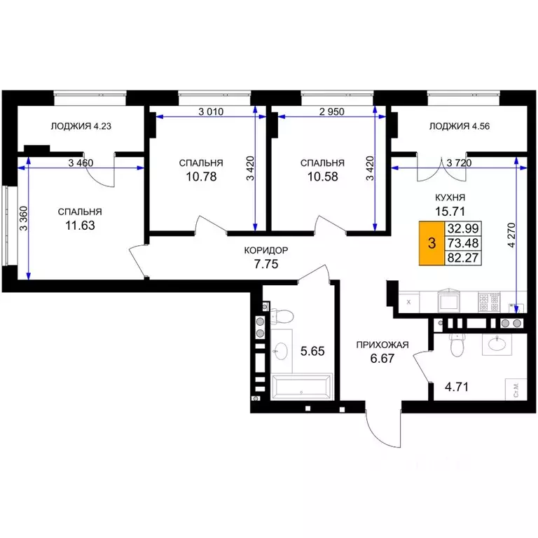 3-к кв. Калининградская область, Гурьевск Включи жилой комплекс (82.27 ... - Фото 1