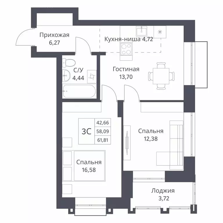 3-комнатная квартира: Новосибирск, Игарская улица, 40/1 (58.09 м) - Фото 0