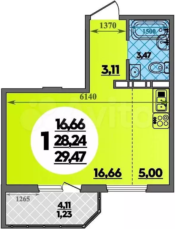 Квартира-студия, 29,5м, 11/17эт. - Фото 1