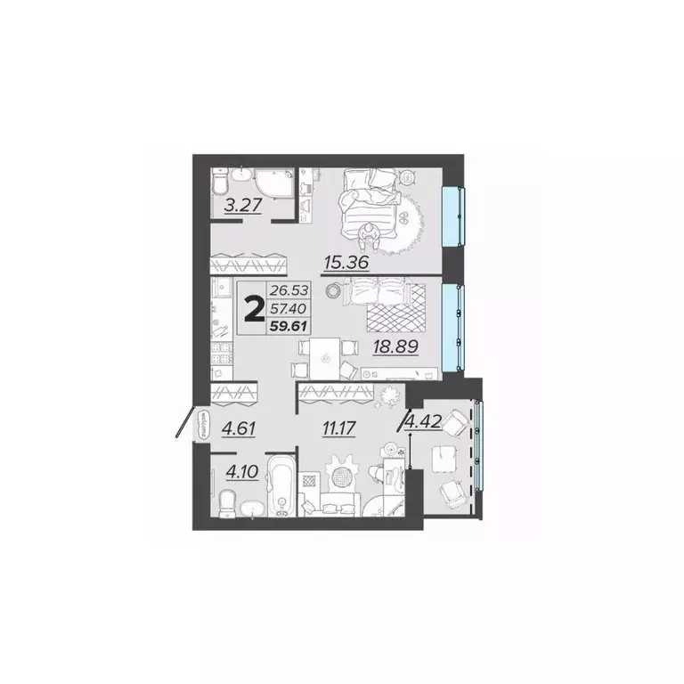 2-к кв. Брянская область, Брянск Архитектор жилой комплекс (59.61 м) - Фото 1