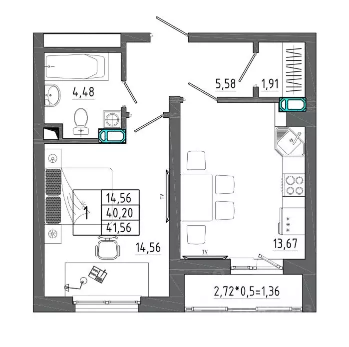 1-к кв. Воронежская область, Воронеж Нижняя ул., 32 (41.56 м) - Фото 1