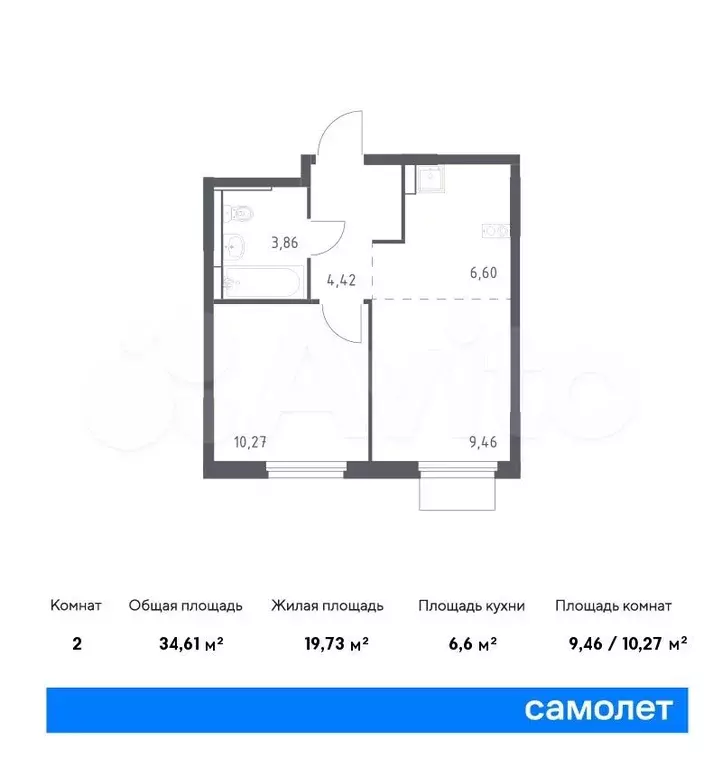 1-к. квартира, 34,6м, 17/17эт. - Фото 0