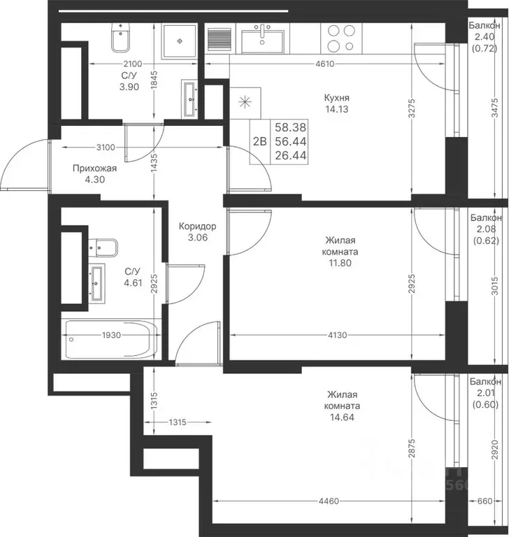2-к кв. Татарстан, Казань Мой Ритм жилой комплекс, ПК14 (58.38 м) - Фото 2