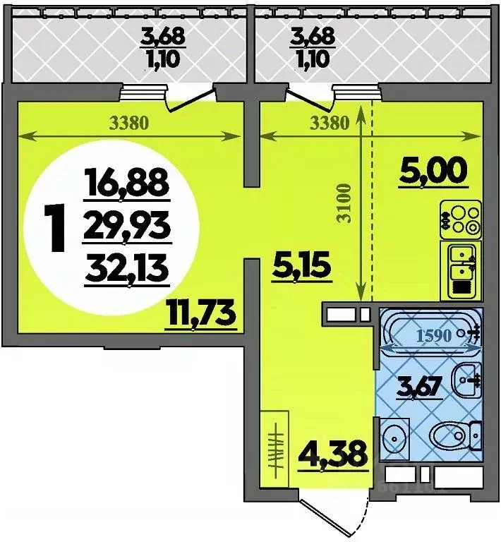 Студия Адыгея, Майкоп  (32.13 м) - Фото 1