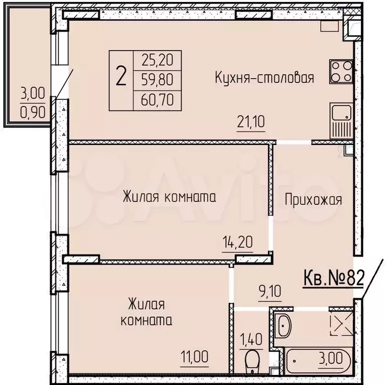 2-к. квартира, 60 м, 1/4 эт. - Фото 0