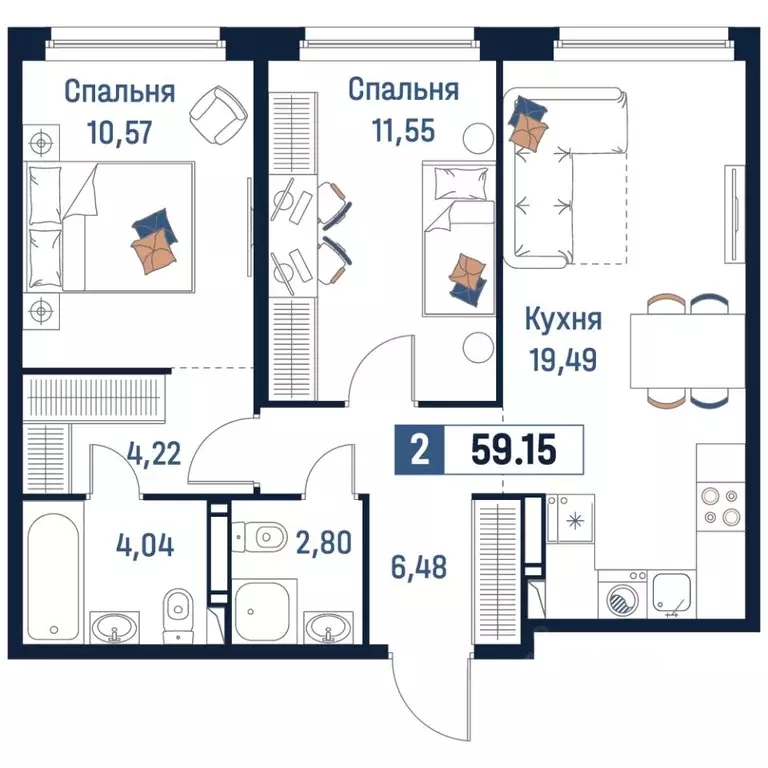2-к кв. Ленинградская область, Мурино Всеволожский район,  (59.15 м) - Фото 0
