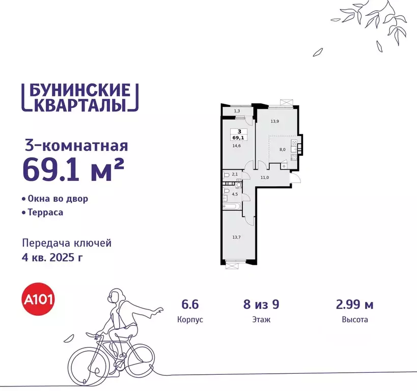 3-к кв. Москва Бунинские Кварталы жилой комплекс, 6.1 (69.1 м) - Фото 0