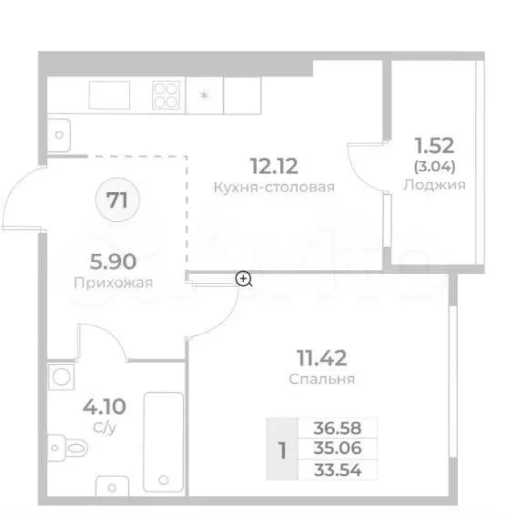 1-к. квартира, 35,1 м, 8/10 эт. - Фото 1