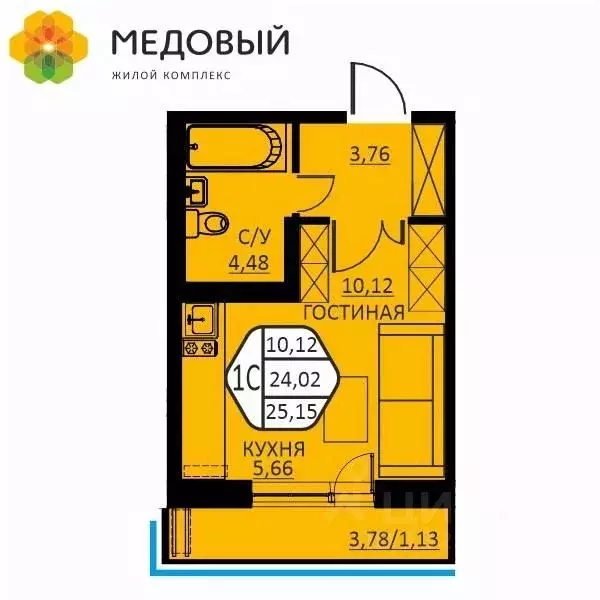 1-к кв. Пермский край, д. Кондратово ул. Н.М. Яблокова, 4 (25.15 м) - Фото 1