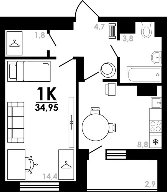 1-комнатная квартира: Нижний Новгород, Коломенская улица, 8к4 (34.95 ... - Фото 0