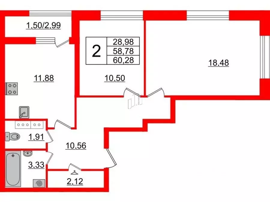 2-к кв. Санкт-Петербург просп. Маршала Блюхера, 3к3 (60.28 м) - Фото 1