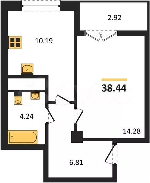 1-к. квартира, 38,4 м, 2/9 эт. - Фото 1