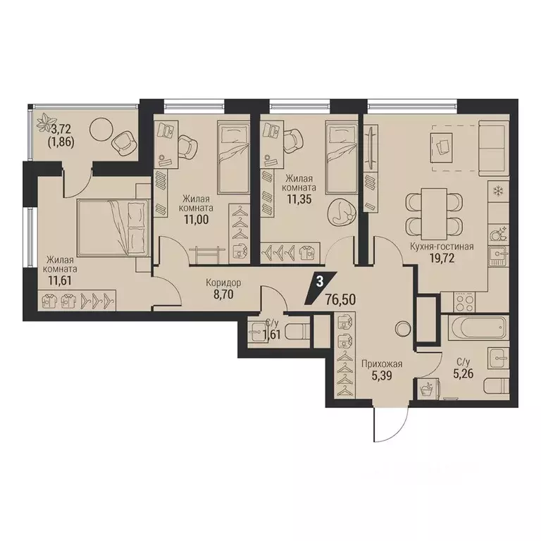 3-к кв. Свердловская область, Екатеринбург просп. Космонавтов, 100 ... - Фото 1