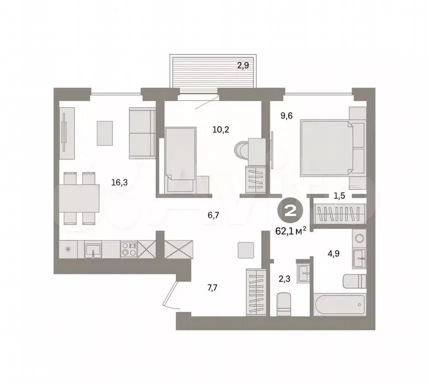 2-к. квартира, 62,1 м, 6/9 эт. - Фото 0