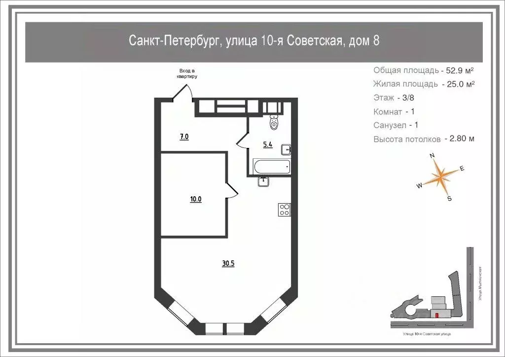 1-к кв. Санкт-Петербург 10-я Советская ул., 8 (52.9 м) - Фото 1